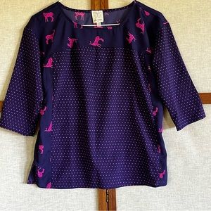 Ella Moss Girl’s bright navy top with pink deer and polka dots- Size 10